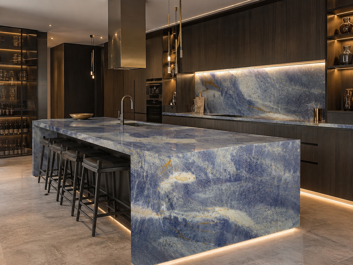 Imperial Blue quartzite kitchen island application